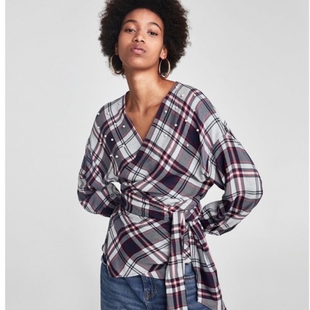 Zara Plaid Wrap Top with Pearl Details